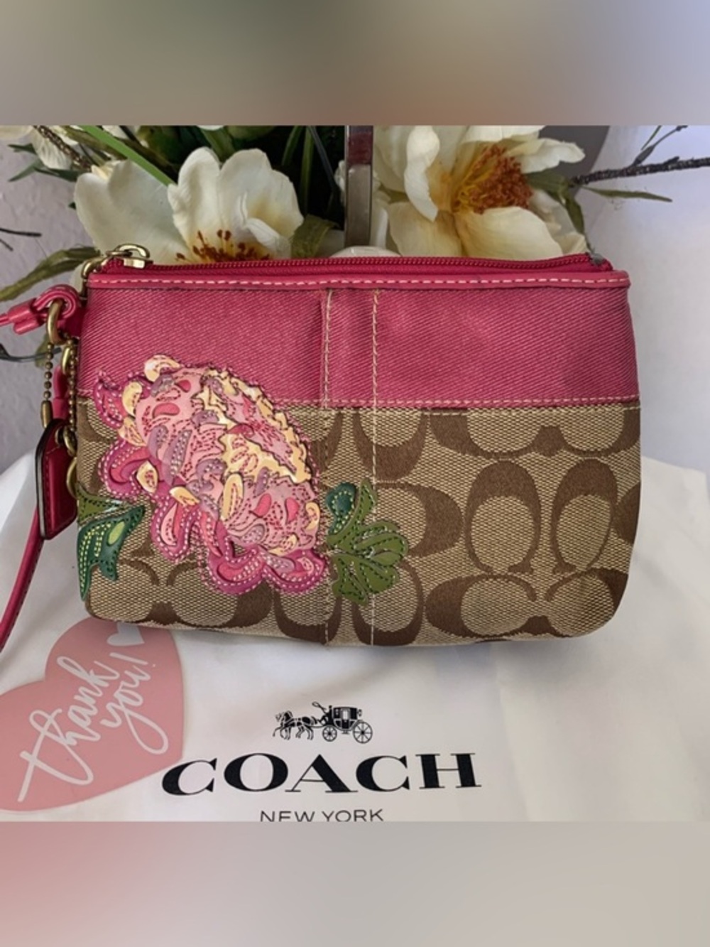 Coach Vintage Signature Limited Edition Pink and Brown Floral Wristlet
